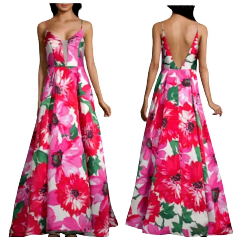 Nwot B.Smart  White  Sleeveless Abstract Red/Lilac Big Floral Ballgown wpockets